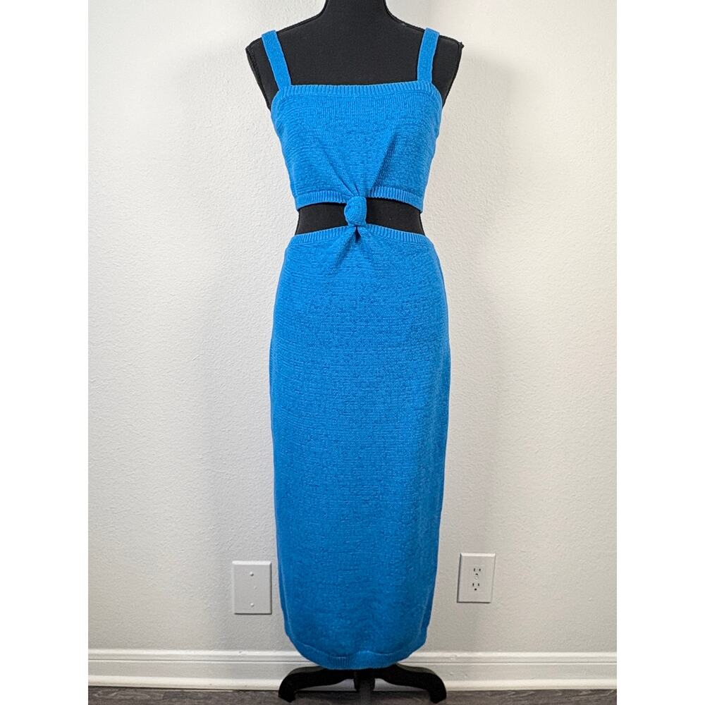 Express Lightweight Knit Blue Knot Twist Cut Out Sleeveless Fitted Midi Dress
